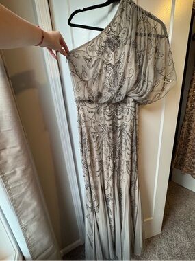 Adrianna Papell One-Shoulder Beaded Gown in Taupe Silver